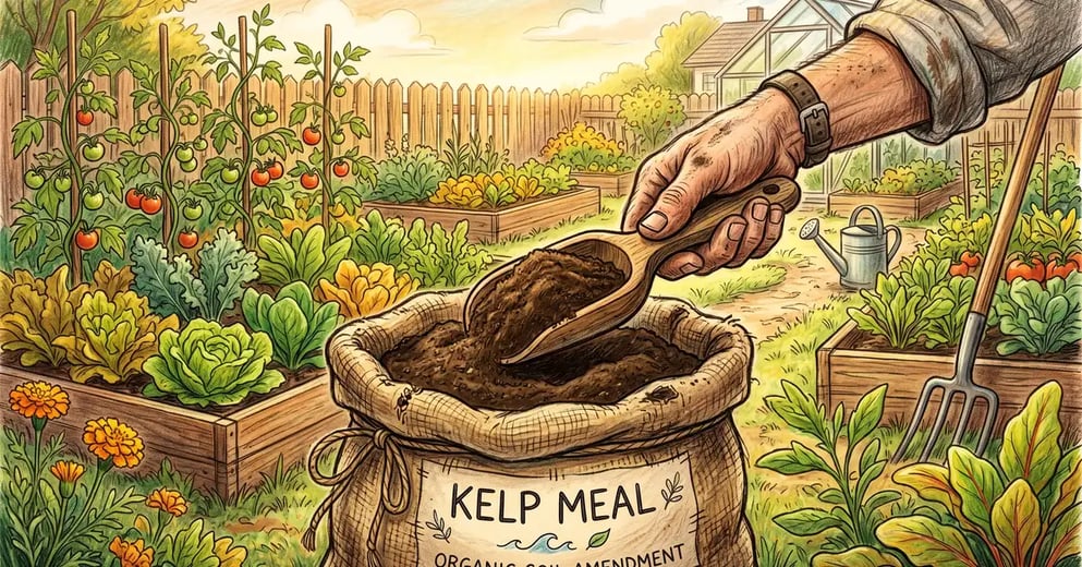 Gardener's hand scooping dark brown kelp meal powder from a burlap sack with a wooden scoop, backyard vegetable garden visible behind