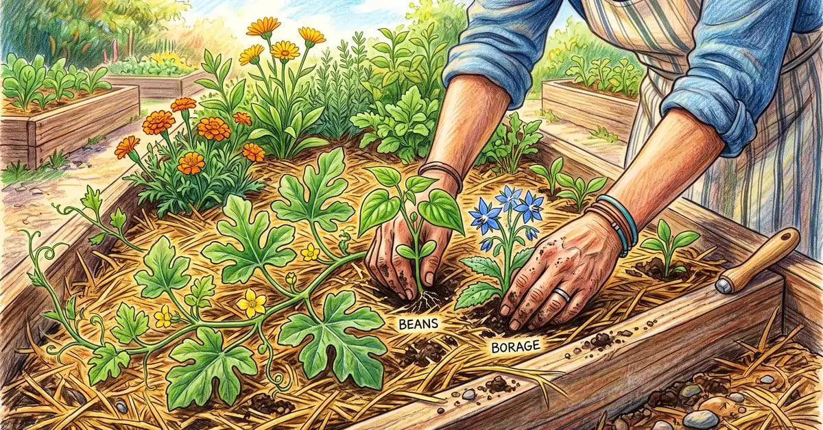 Gardener tucking bush bean seedlings and blue borage plants alongside a young watermelon vine on straw mulch