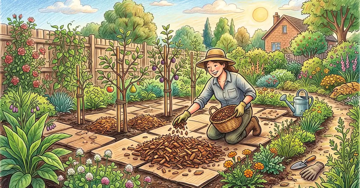 Gardener spreading wood-chip and cardboard sheet mulch over a new food forest bed with young saplings and support plants