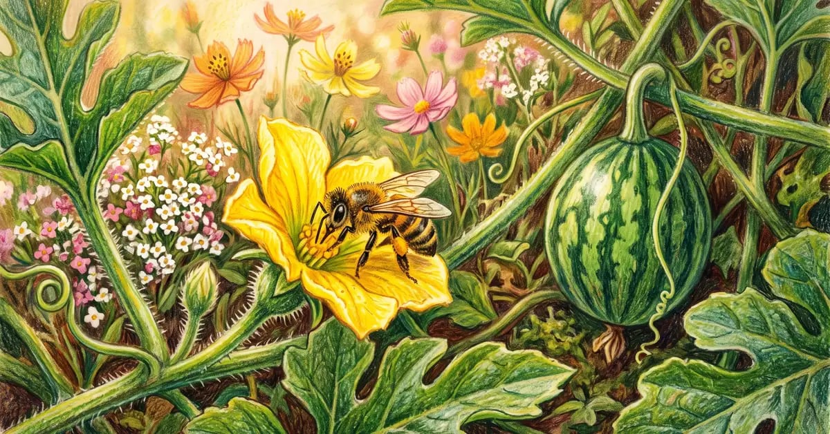 Honeybee visiting a bright yellow watermelon flower with a developing striped melon and companion flowers nearby