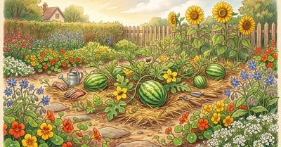 A lush summer garden with sprawling watermelon vines bordered by nasturtiums, borage, alyssum, and sunflowers with bees on the flowers