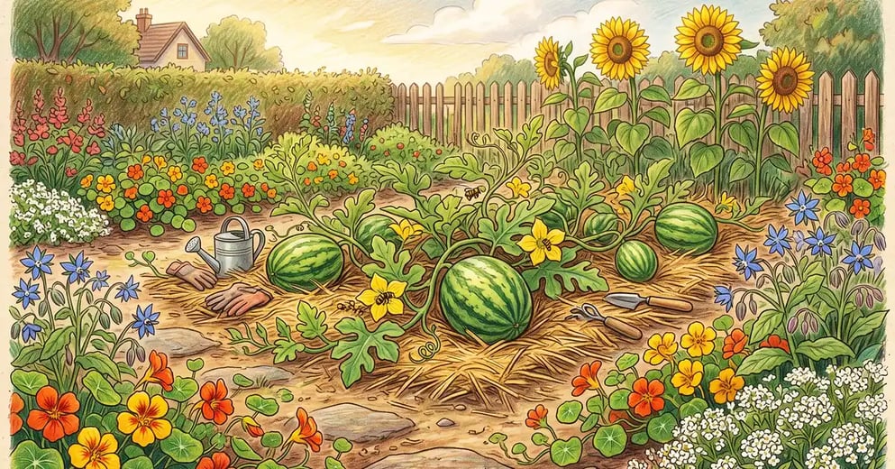 A lush summer garden with sprawling watermelon vines bordered by nasturtiums, borage, alyssum, and sunflowers with bees on the flowers