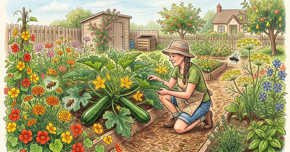 A healthy backyard squash garden with flowering companion plants and a gardener inspecting a squash leaf for bugs