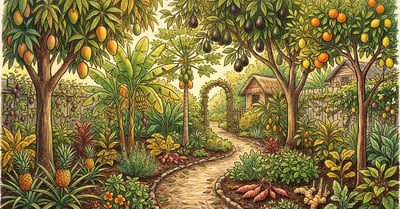 Lush subtropical food forest in a Florida or southern Texas backyard with mango, avocado, and citrus canopy, banana and papaya understory, pineapples and herbs at ground level with a winding path