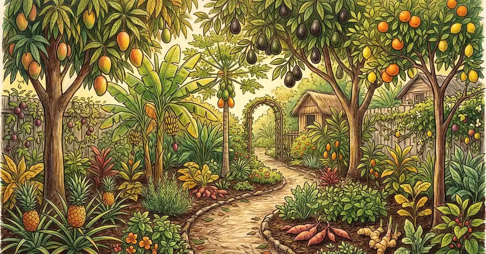 Lush subtropical food forest in a Florida or southern Texas backyard with mango, avocado, and citrus canopy, banana and papaya understory, pineapples and herbs at ground level with a winding path