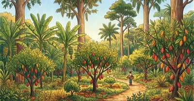 Lush syntropic cocoa farm in the Brazilian Atlantic Forest with tall emergent guapuruvu trees, bananas, cocoa trees bearing red and orange pods, and ground covers in multiple canopy layers