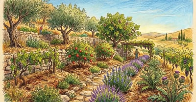 Mediterranean climate food forest in summer with olive trees, pomegranate, fig, rosemary, lavender, artichokes, and grape vines on a terraced hillside, pencil crayon illustration