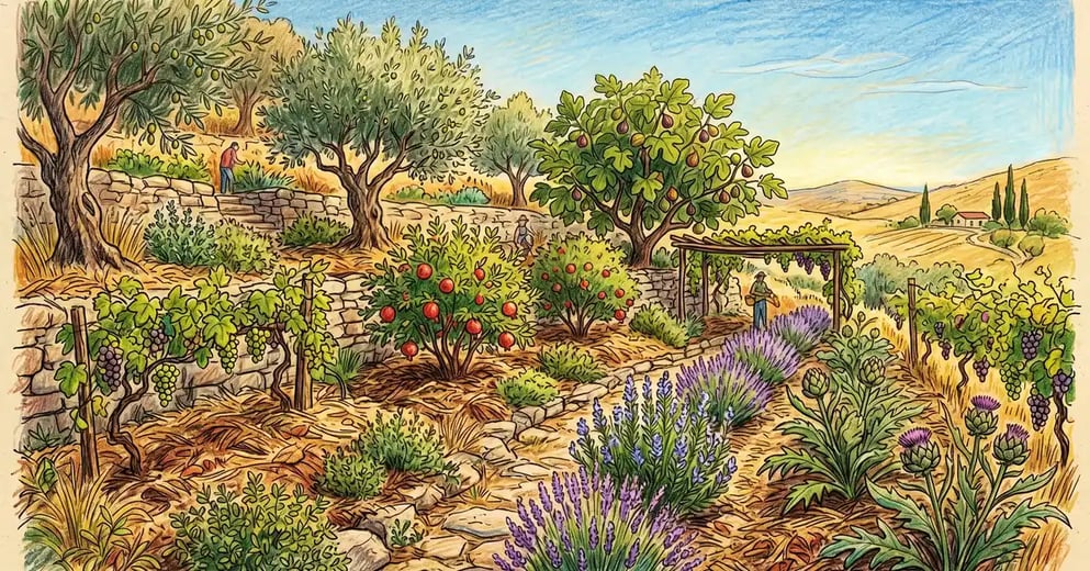 Mediterranean climate food forest in summer with olive trees, pomegranate, fig, rosemary, lavender, artichokes, and grape vines on a terraced hillside, pencil crayon illustration