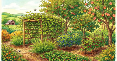 Mid-Atlantic US Zone 7 food forest in mid-summer with apple, peach, persimmon, blueberry, raspberry, asparagus, strawberry, and hardy kiwi vines, pencil crayon illustration