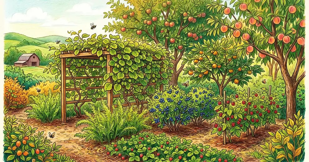 Mid-Atlantic US Zone 7 food forest in mid-summer with apple, peach, persimmon, blueberry, raspberry, asparagus, strawberry, and hardy kiwi vines, pencil crayon illustration