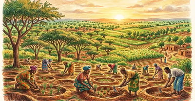 Panoramic view of a regreened Sahel landscape in Burkina Faso with Faidherbia albida trees and farmers tending zai pit planting basins at sunrise