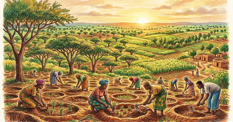Panoramic view of a regreened Sahel landscape in Burkina Faso with Faidherbia albida trees and farmers tending zai pit planting basins at sunrise