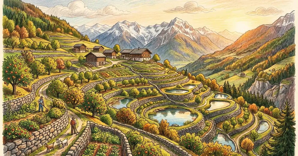 Panoramic view of Sepp Holzer's Krameterhof mountain farm in the Austrian Alps with stepped terraces, small ponds reflecting the sky, fruit trees on steep slopes between stone walls and snow-capped mountains in the background
