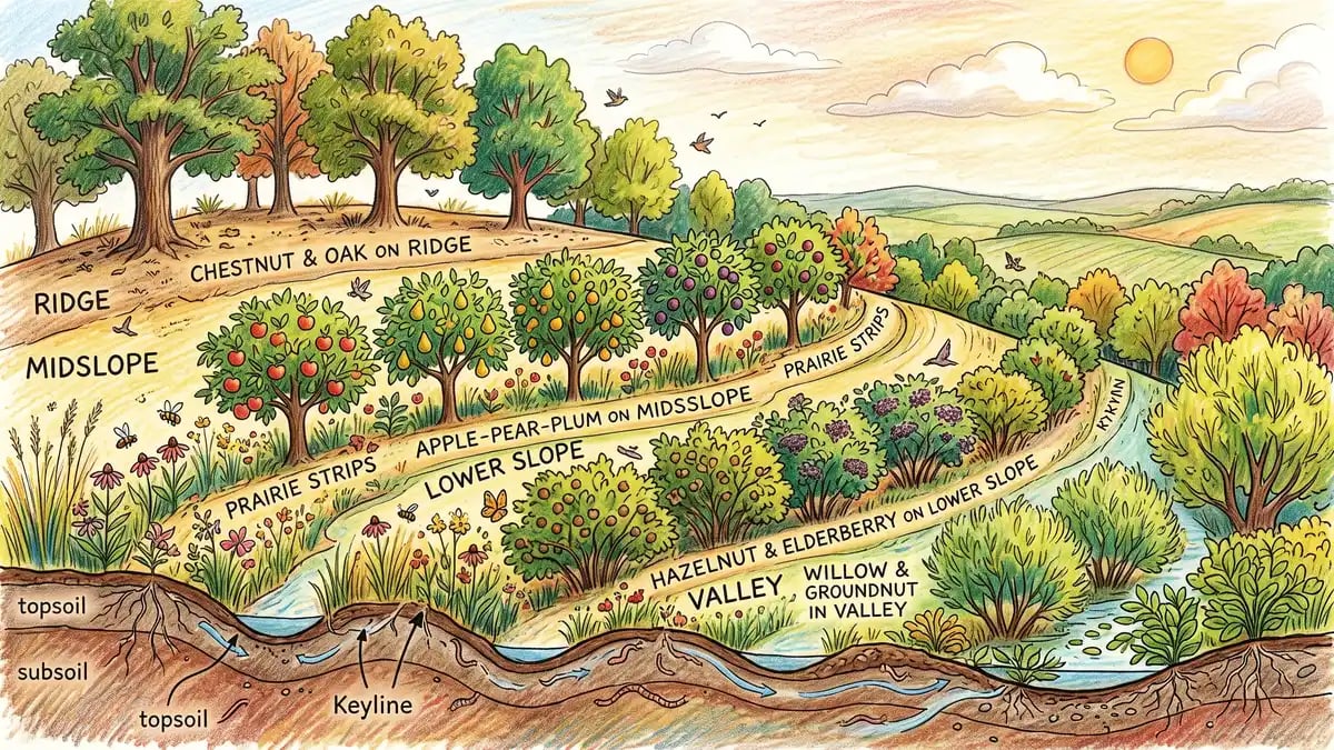 Cross-section illustration of a 5-acre Midwest food forest on contour with chestnut and oak on ridge, apple-pear-plum on midslope, hazelnut and elderberry below, willow and groundnut in valley, prairie strips between rows