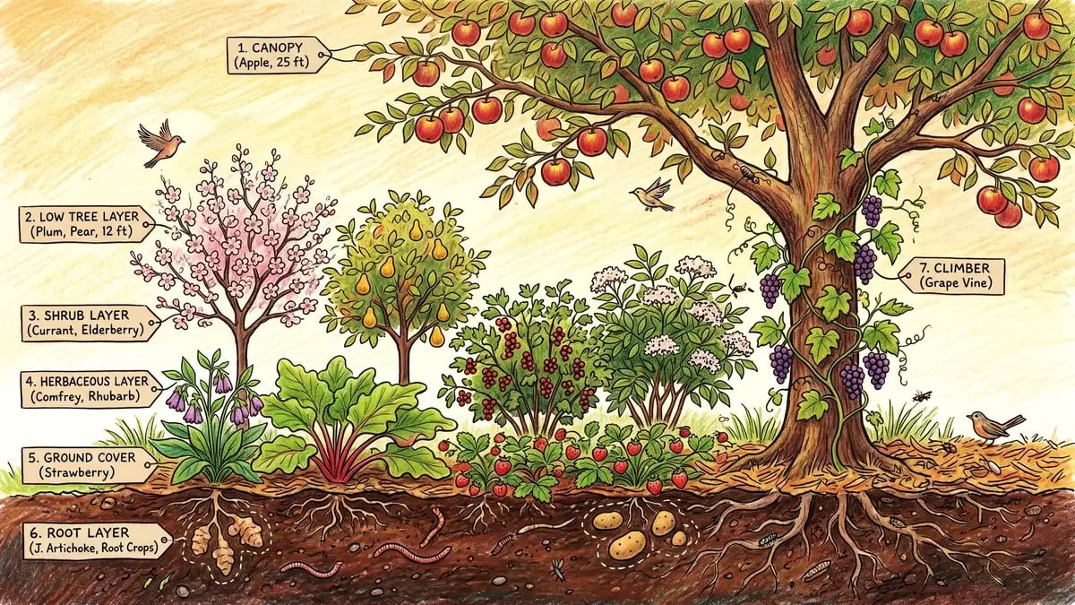 Cross-section illustration of a seven-layer temperate food forest showing canopy, low tree layer, shrub layer, herbaceous layer, ground cover, root layer, and vine layer