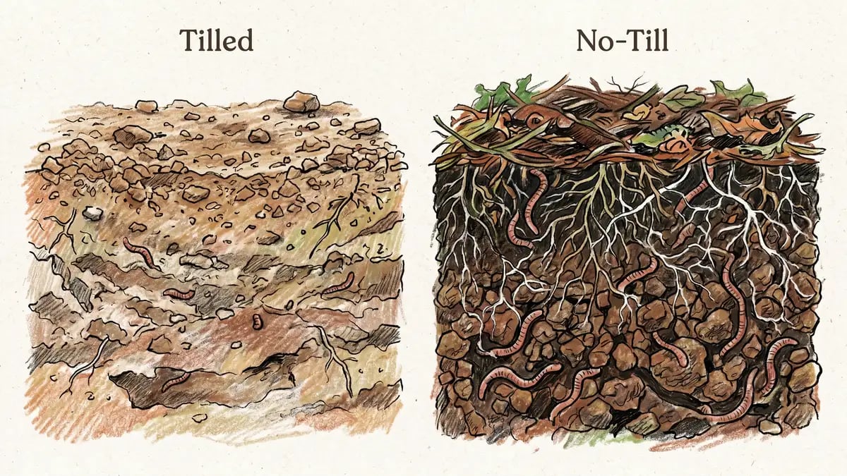 Cross-section soil illustration comparing tilled soil with disturbed layers and few earthworms versus no-till soil with intact aggregates, abundant earthworms, dense roots, and an organic mulch layer on top