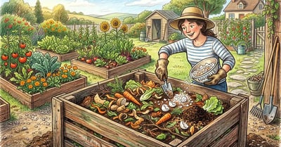 Pencil crayon illustration of a backyard compost bin with crushed eggshells, vegetable peelings, and coffee grounds