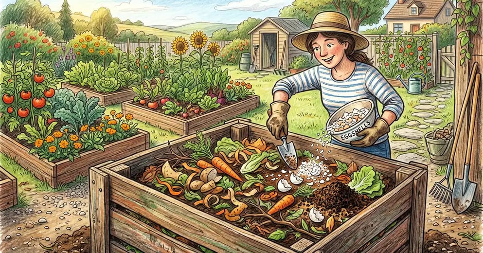 Pencil crayon illustration of a backyard compost bin with crushed eggshells, vegetable peelings, and coffee grounds