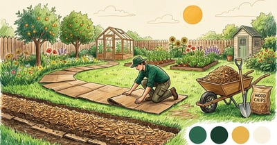 Pencil-crayon illustration of a gardener laying brown corrugated cardboard sheets over a lawn with wood chip mulch ready to top.