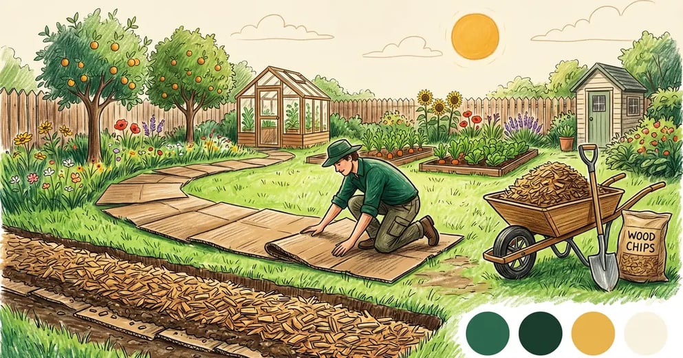 Pencil-crayon illustration of a gardener laying brown corrugated cardboard sheets over a lawn with wood chip mulch ready to top.