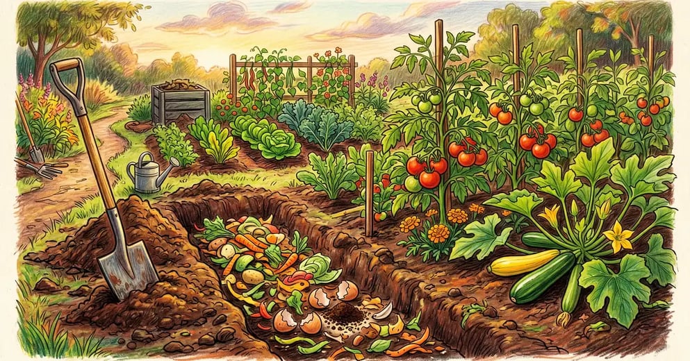 Pencil crayon illustration of a backyard vegetable garden with a freshly dug trench filled with kitchen scraps for composting