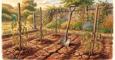 Pencil crayon illustration of a backyard garden with cracked dry heavy clay soil and wilting tomato plants