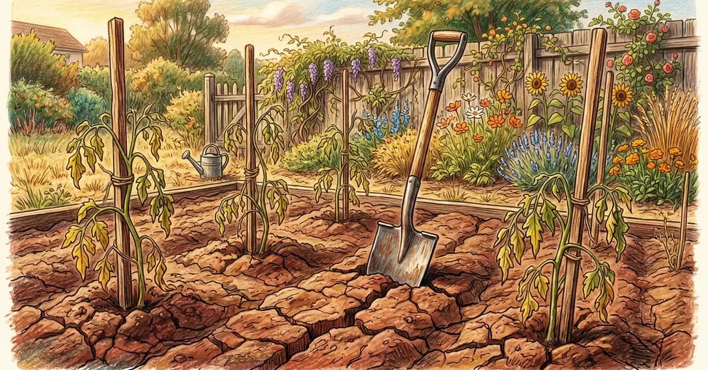 Pencil crayon illustration of a backyard garden with cracked dry heavy clay soil and wilting tomato plants
