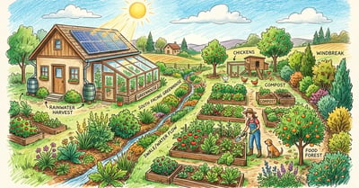 Pencil-crayon illustration of a backyard permaculture homestead with rainwater barrels, solar panels, swale, and passive solar greenhouse.