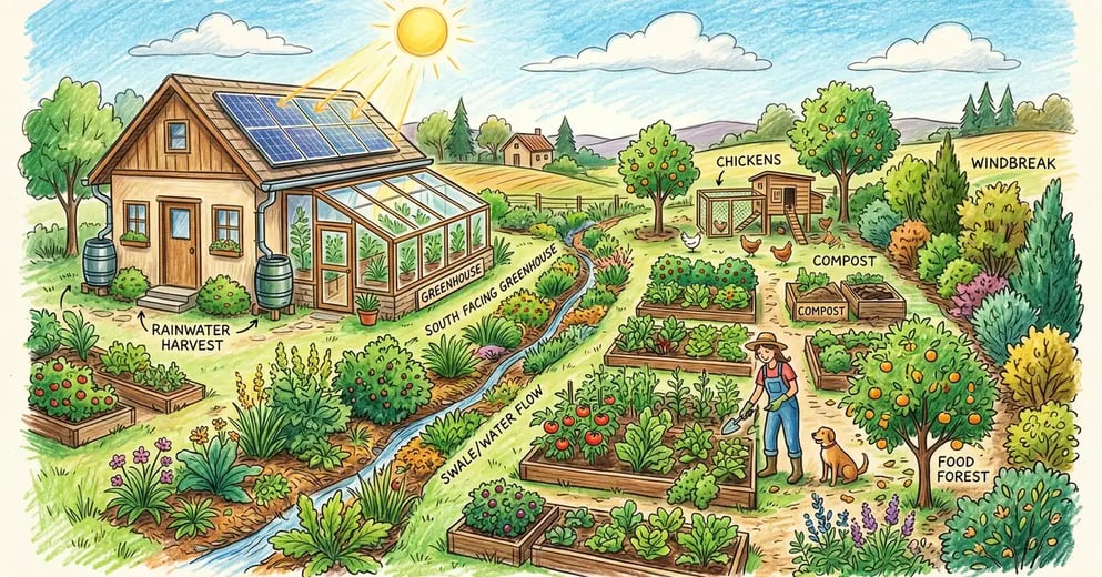 Pencil-crayon illustration of a backyard permaculture homestead with rainwater barrels, solar panels, swale, and passive solar greenhouse.