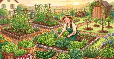 Pencil-crayon illustration of a first-year permaculture backyard with produce baskets and young fruit tree seedlings.