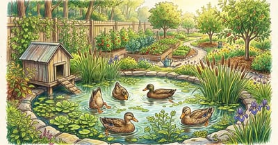 Pencil crayon illustration of a backyard permaculture duck pond with 4 Khaki Campbell ducks