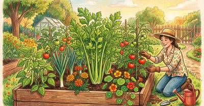 Backyard raised bed with celery interplanted with tomatoes, leeks, bush beans, marigolds, and nasturtiums