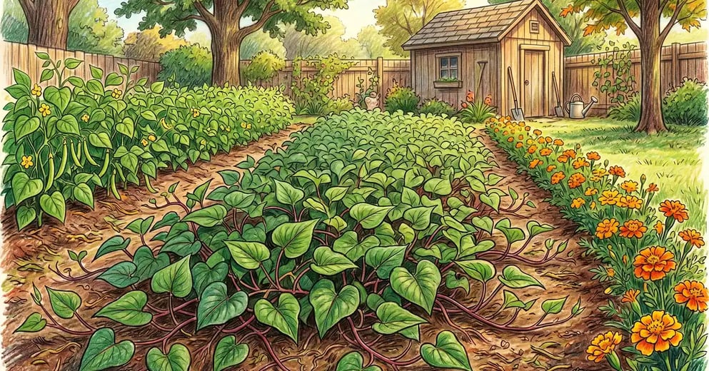 Pencil crayon illustration of a backyard sweet potato bed with sprawling Ipomoea batatas vines edged by bush beans and orange marigolds in late summer