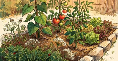 Pencil-crayon illustration of a backyard vegetable bed with cilantro flowering alongside tomatoes, peppers, and lettuce.