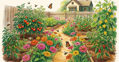 Pencil-crayon illustration of a backyard vegetable garden with bright pink, orange, and yellow zinnias blooming alongside tomatoes, peppers, and cucumbers.