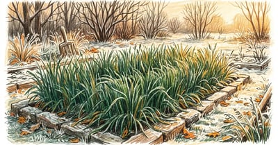 Backyard vegetable garden bed planted with bright green winter rye cover crop in late autumn, pencil crayon illustration