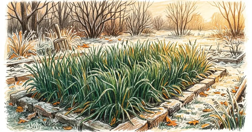 Backyard vegetable garden bed planted with bright green winter rye cover crop in late autumn, pencil crayon illustration