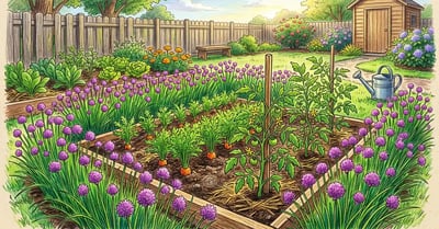 Pencil crayon illustration of a backyard vegetable garden bed with a border of flowering chives around carrots and tomatoes in late spring