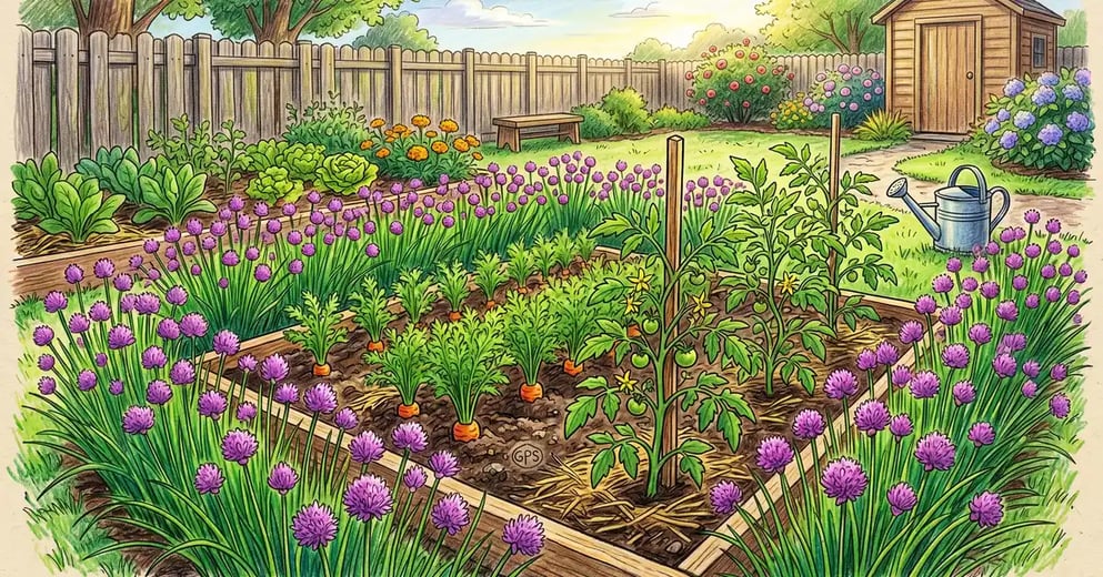 Pencil crayon illustration of a backyard vegetable garden bed with a border of flowering chives around carrots and tomatoes in late spring