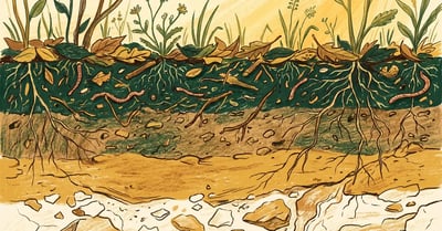 Pencil-crayon cross-section illustration of garden soil layers showing organic matter and soil life.