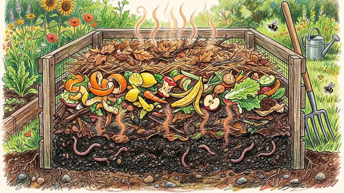 Cross-section of an active US backyard compost pile showing brown leaves on top, mixed kitchen scraps with citrus in the middle, decomposed material below, and finished compost at the bottom
