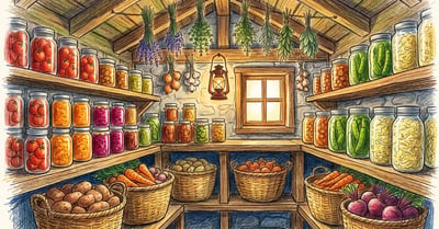 Pencil crayon illustration of a homestead pantry filled with rows of canned jars, baskets of root vegetables, and dried herbs hanging from rafters