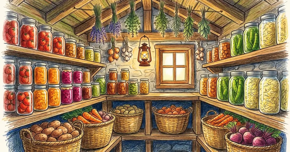Pencil crayon illustration of a homestead pantry filled with rows of canned jars, baskets of root vegetables, and dried herbs hanging from rafters