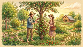 A homesteader couple harvesting currants from a food forest in summer