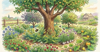 Layered backyard food forest on a US homestead in summer with apple tree, comfrey, clover, borage, and pollinators