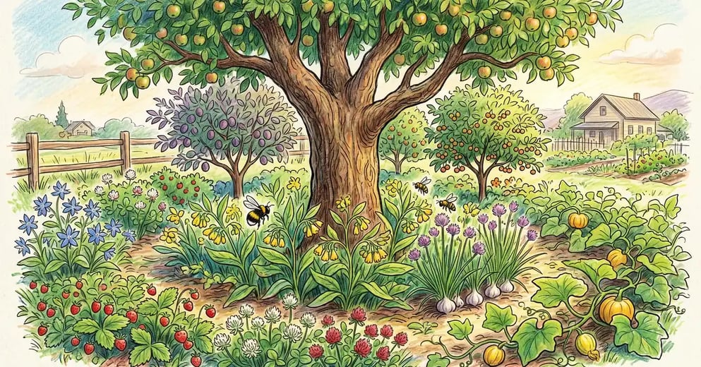 Layered backyard food forest on a US homestead in summer with apple tree, comfrey, clover, borage, and pollinators