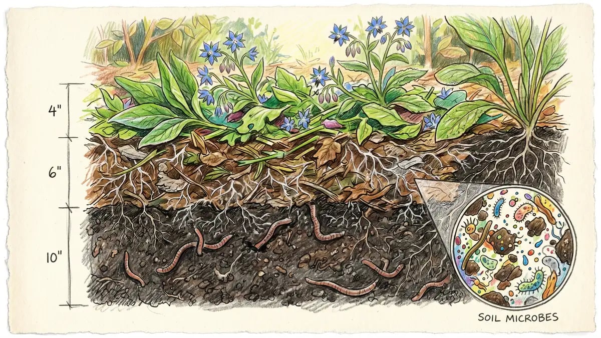 Cross-section illustration of chop-and-drop mulch showing fresh leaves on top, decomposing brown material with mycelium in the middle, and dark soil with earthworms below