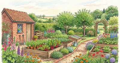 Pencil crayon illustration of a lush UK community garden with red brick allotment shed, raised beds, and apple trees