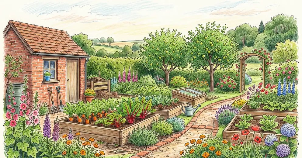 Pencil crayon illustration of a lush UK community garden with red brick allotment shed, raised beds, and apple trees