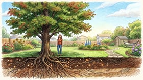 A mature 30 foot shade tree in a US backyard with a person beneath it for scale and roots visible in a cross-section storing carbon below ground